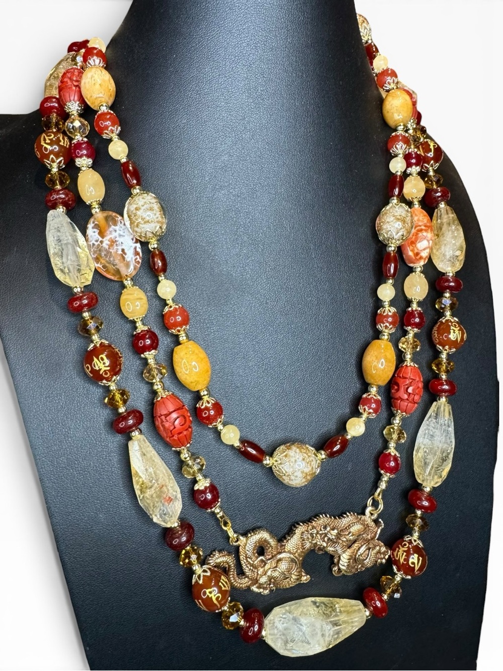 SOLD-ARTISAN Ruby, Citrine & Carnelian Multi-Strand Alva Museum Pendant Necklace - Picture 7 of 7